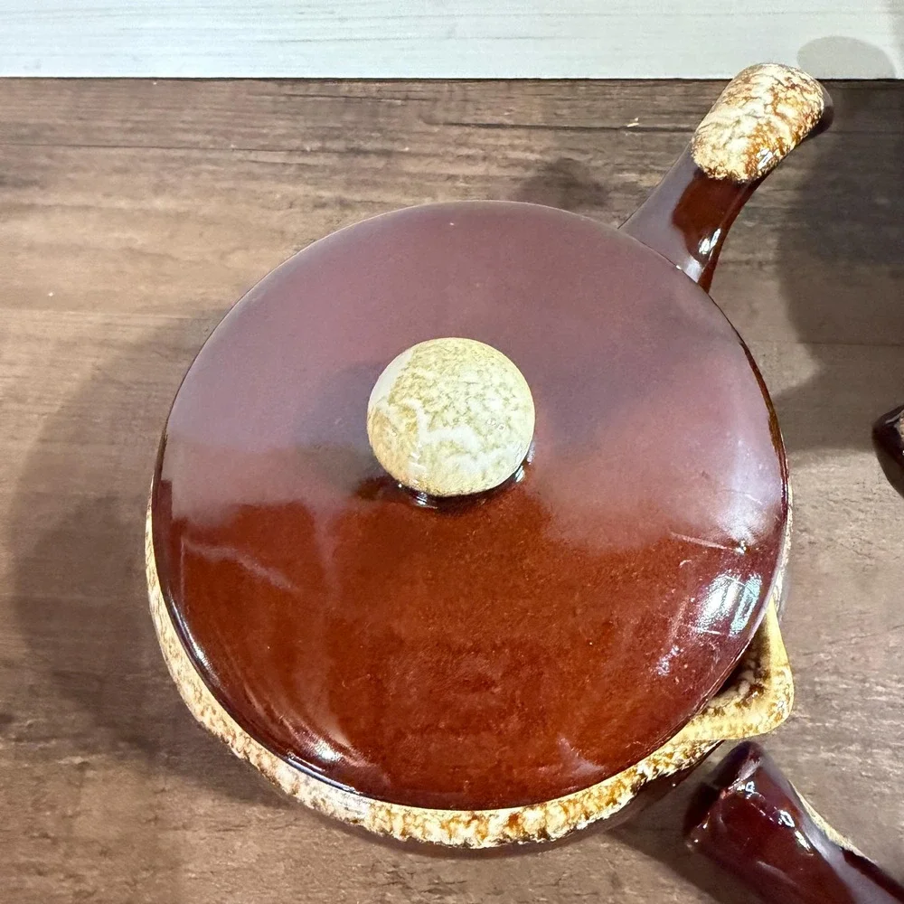 Set of 3 Vintage 70s Brown Drip Glaze French Onion Soup Crocks with Lids